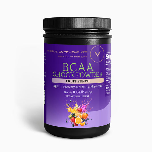 ViableSupps BCAA Shock Powder in a black jar with a purple label, highlighting its purpose for recovery, muscle strength, and growth with a fruit punch blend.