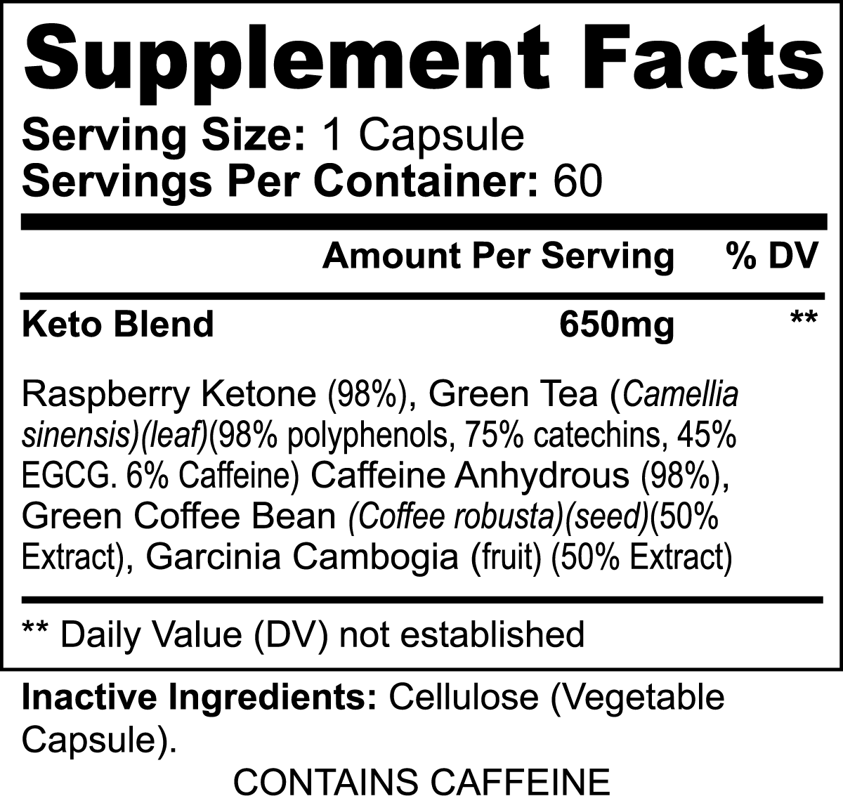 ViableSupps Keto-5 supplement nutrition label showing details of raspberry ketone, green tea, and caffeine ingredients.