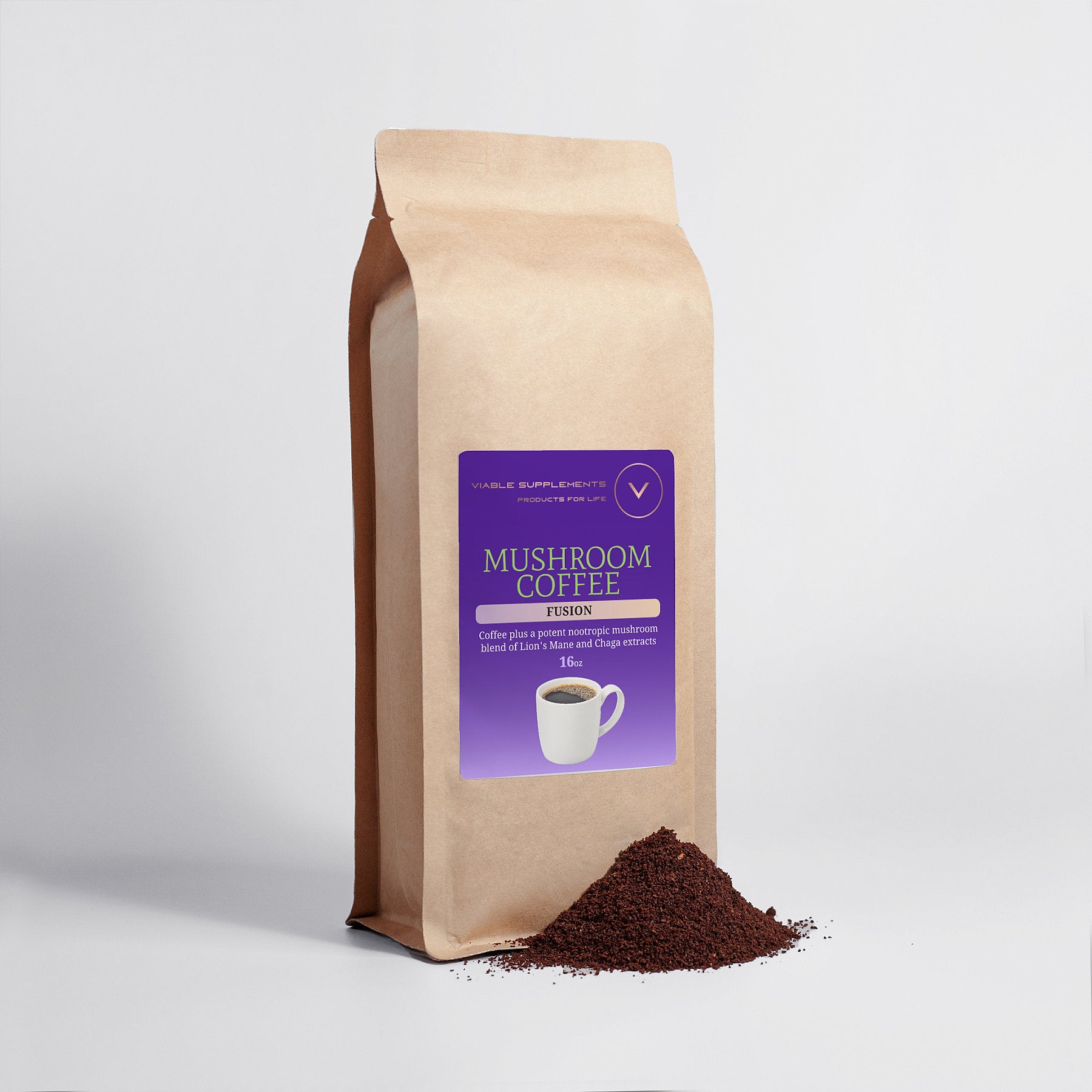 ViableSupps Mushroom Coffee Fusion 16oz bag with a blend of Lion’s Mane and Chaga, next to a mound of ground coffee.