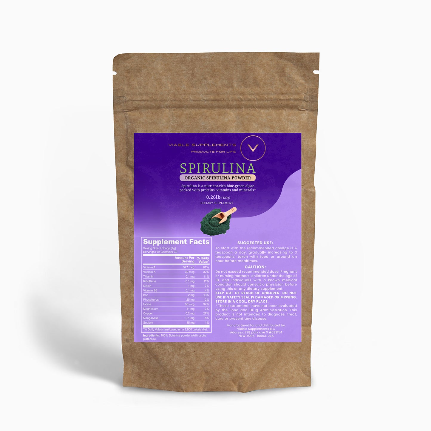 "ViableSupps Organic Spirulina Powder pouch showcasing the product label with suggested use and supplement facts.