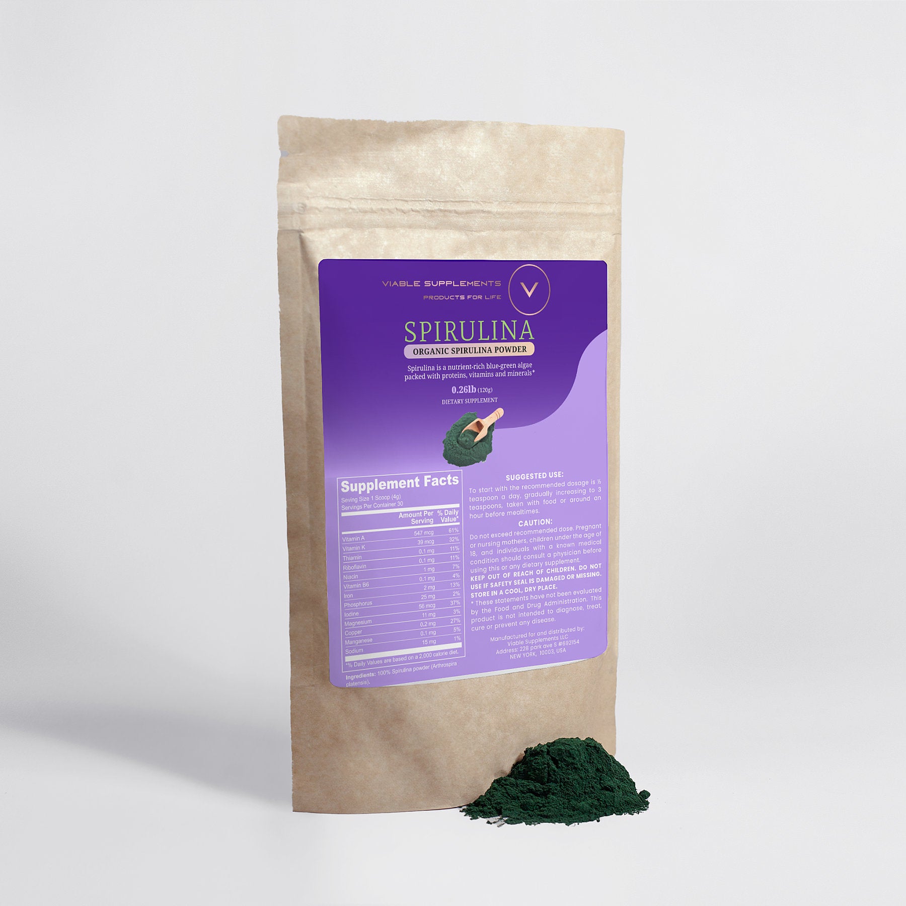 ViableSupps Organic Spirulina Powder pouch with spirulina powder spilled in front, offering nutrient-rich blue-green algae.