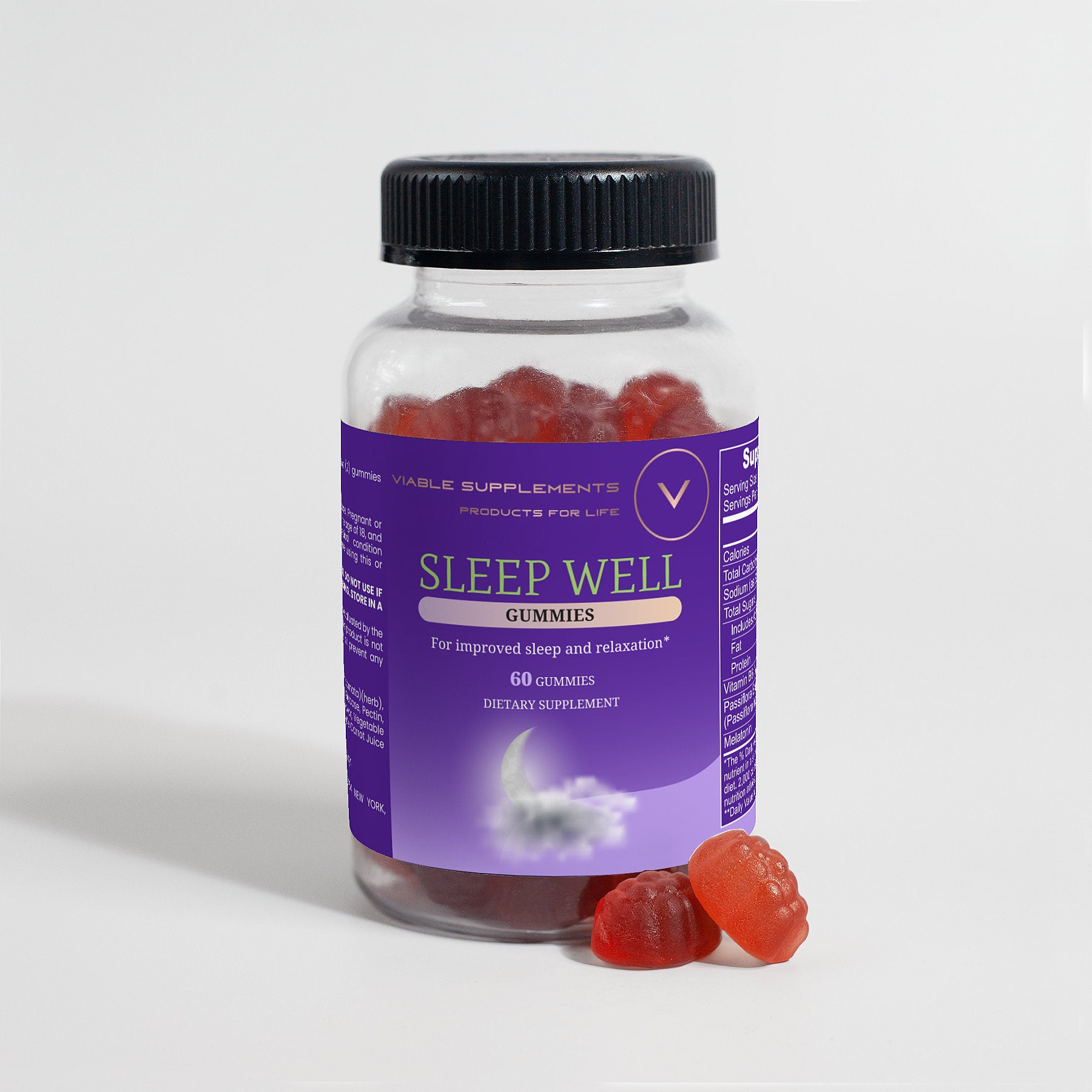 ViableSupps Sleep Well Gummies bottle containing 60 gummies, with 2 outside the bottle, designed to support better sleep with melatonin and natural extracts.