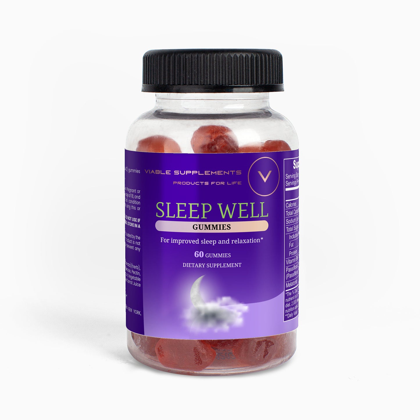 ViableSupps Sleep Well Gummies bottle containing 60 gummies, designed to support better sleep with melatonin and natural extracts.