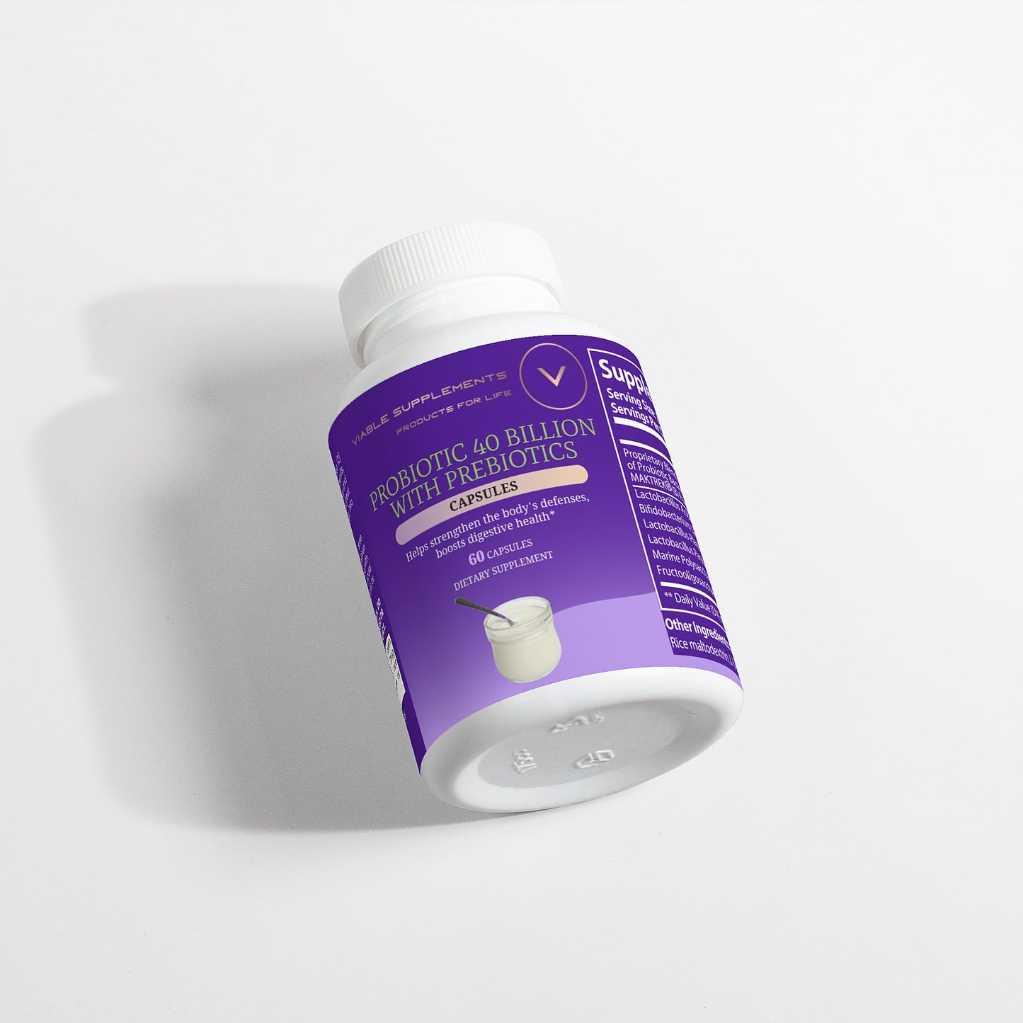 ViableSupps Probiotic 40 Billion with Prebiotics bottle tilted on its side, featuring advanced MAKTREK® delivery system and probiotic strains.