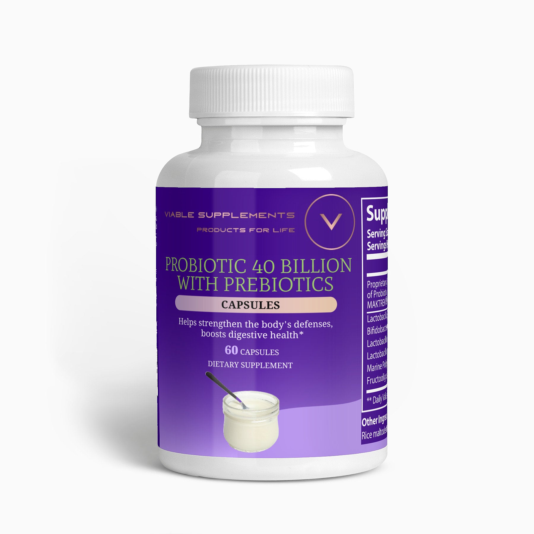 ViableSupps Probiotic 40 Billion with Prebiotics dietary supplement, containing 60 capsules to promote digestive health.