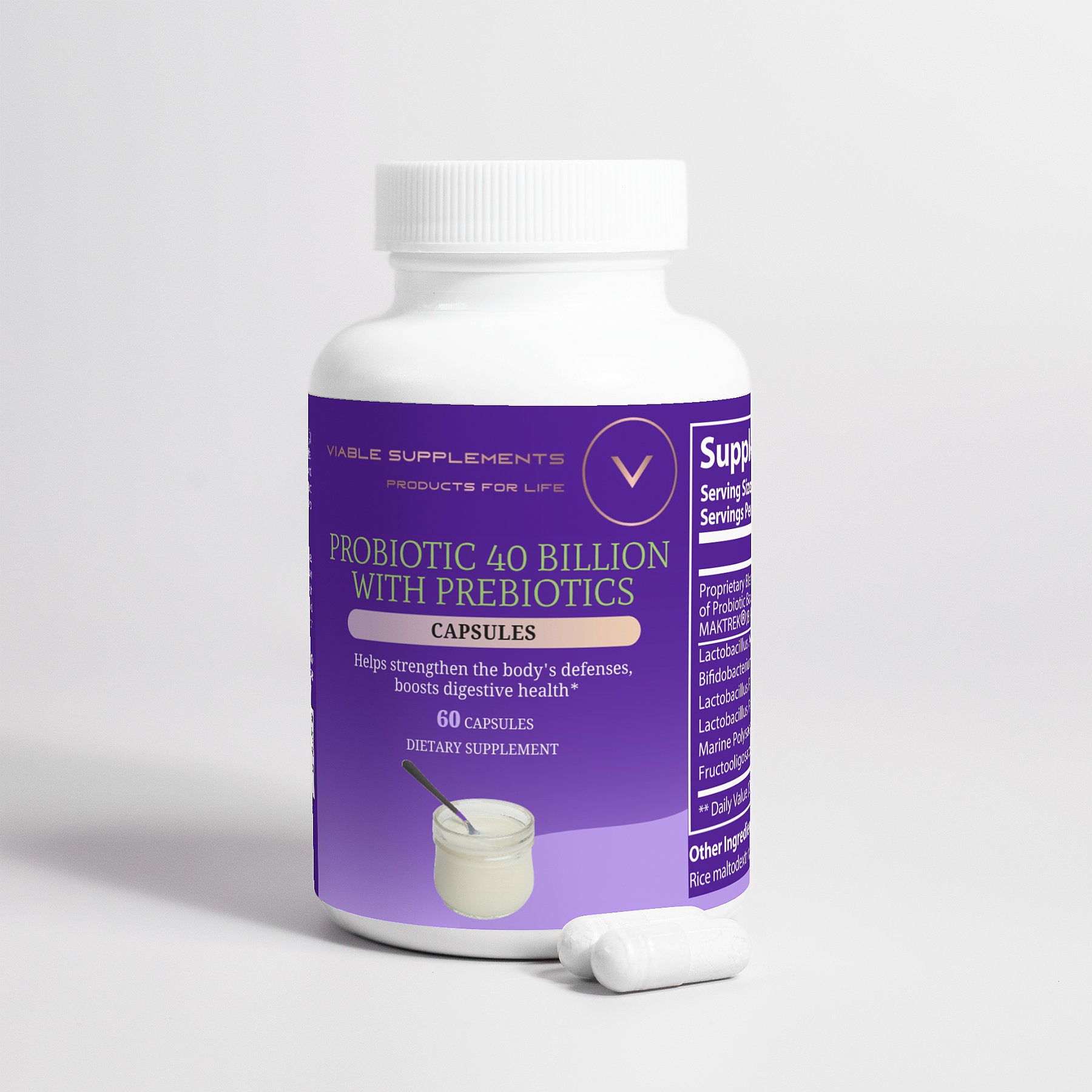 ViableSupps Probiotic 40 Billion with Prebiotics supplement bottle with capsules, supporting digestion and immune health.