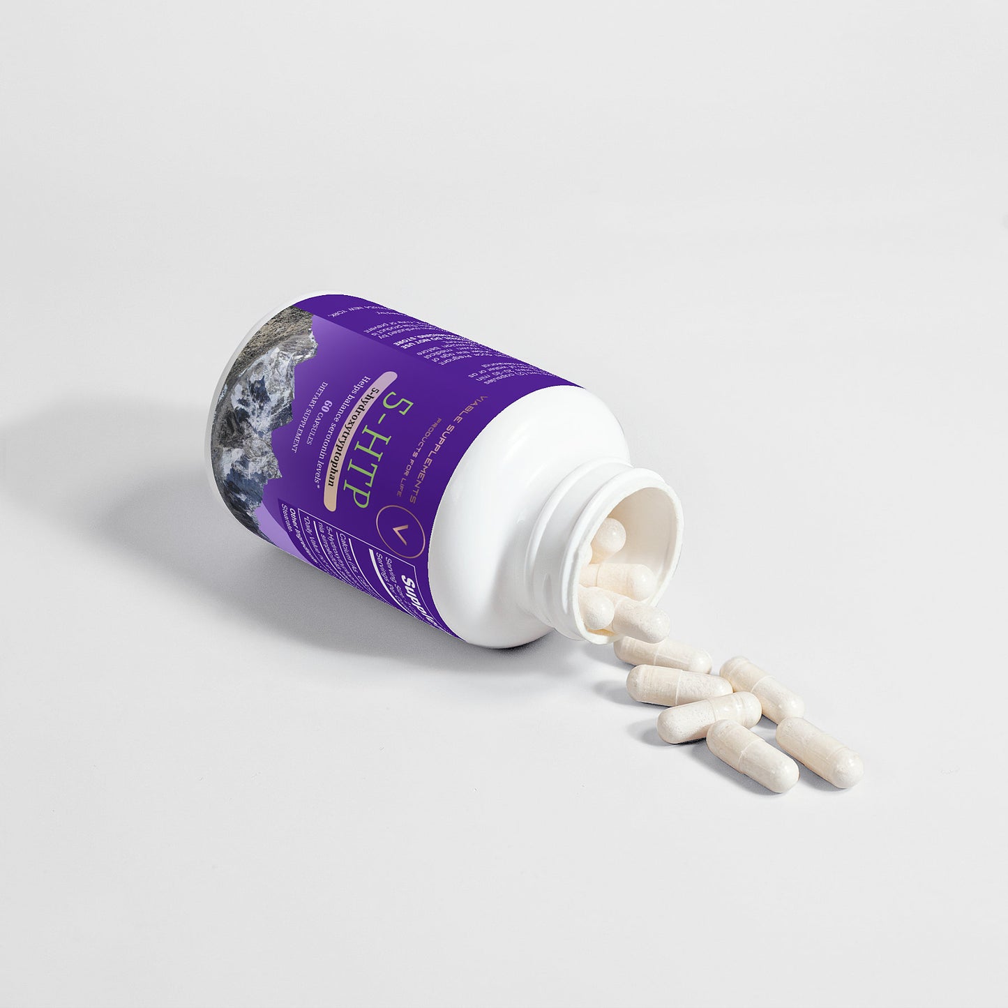 Viablesupps 5-HTP supplement bottle with capsules spilled, showcasing the premium packaging and easy-to-consume capsules.