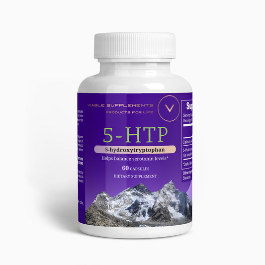 Viablesupps 5-HTP supplement bottle front view, featuring nutritional claims, a mountain-themed design, and key serotonin-support benefits.