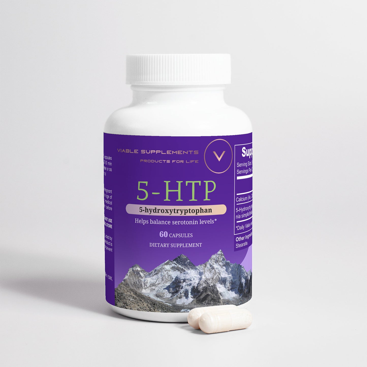 Viablesupps 5-HTP supplement bottle with 60 capsules, promoting serotonin balance, placed next to two white capsules for easy identification.