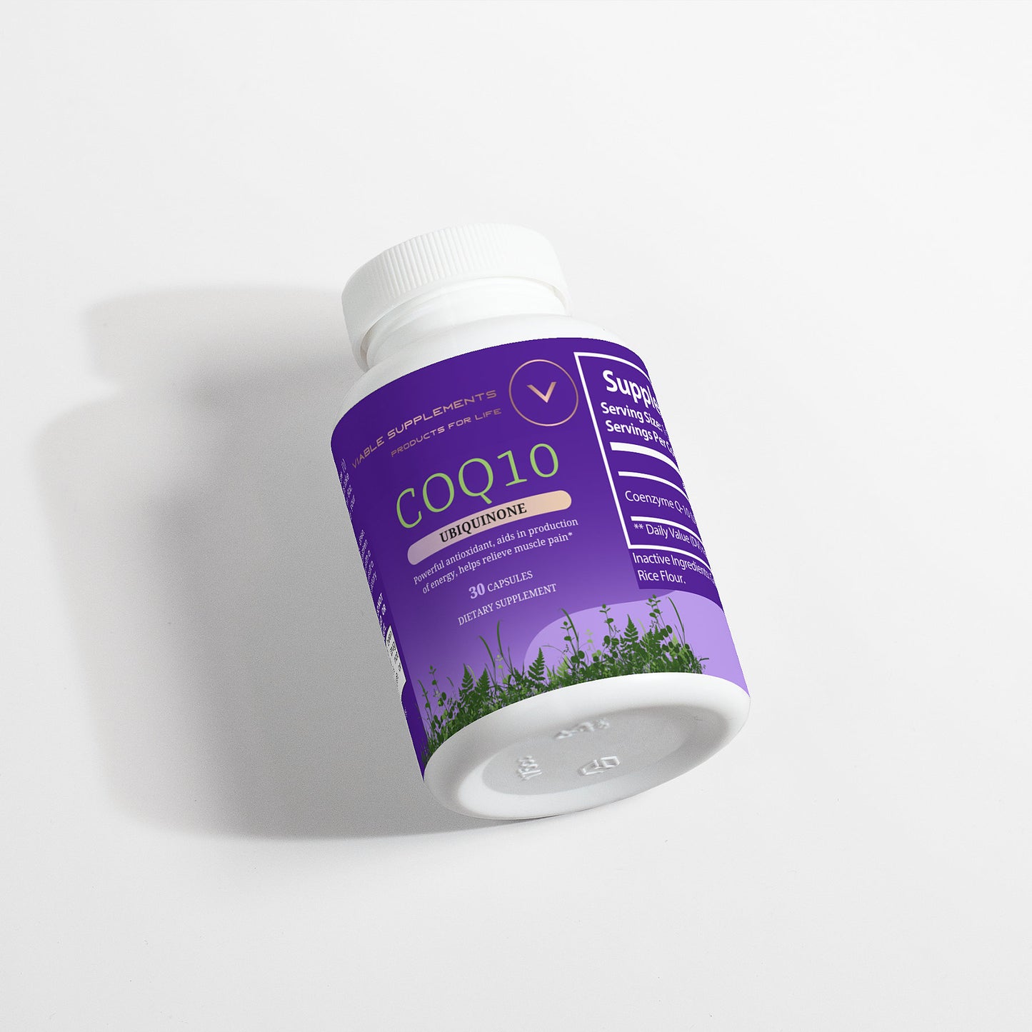 ViableSupps CoQ10 dietary supplement bottle laid on its side, highlighting product label with antioxidant benefits.