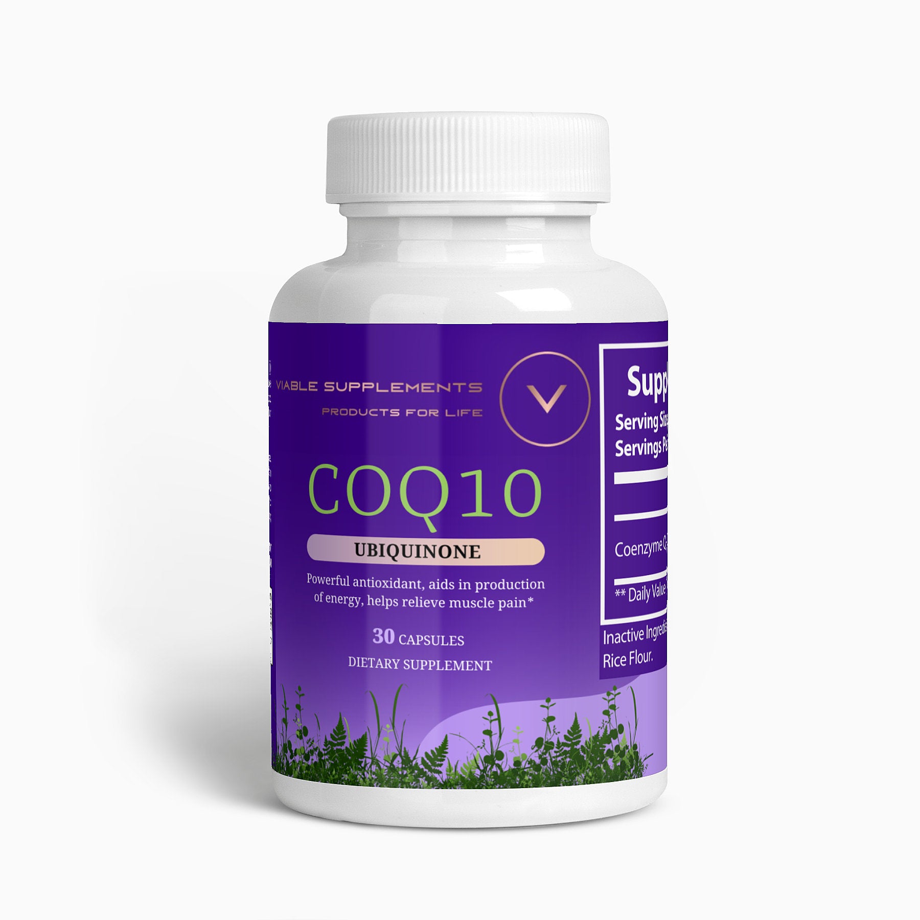 ViableSupps product label featuring COQ10 supplement facts with clear dosage and ingredient details for dietary use.