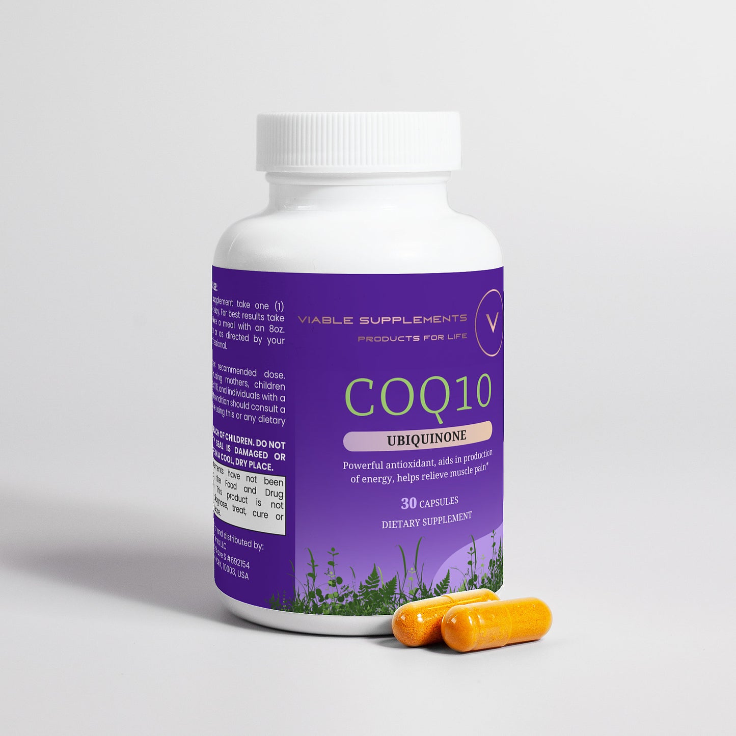 ViableSupps CoQ10 bottle standing upright with two capsules in the foreground, offering antioxidant benefits.