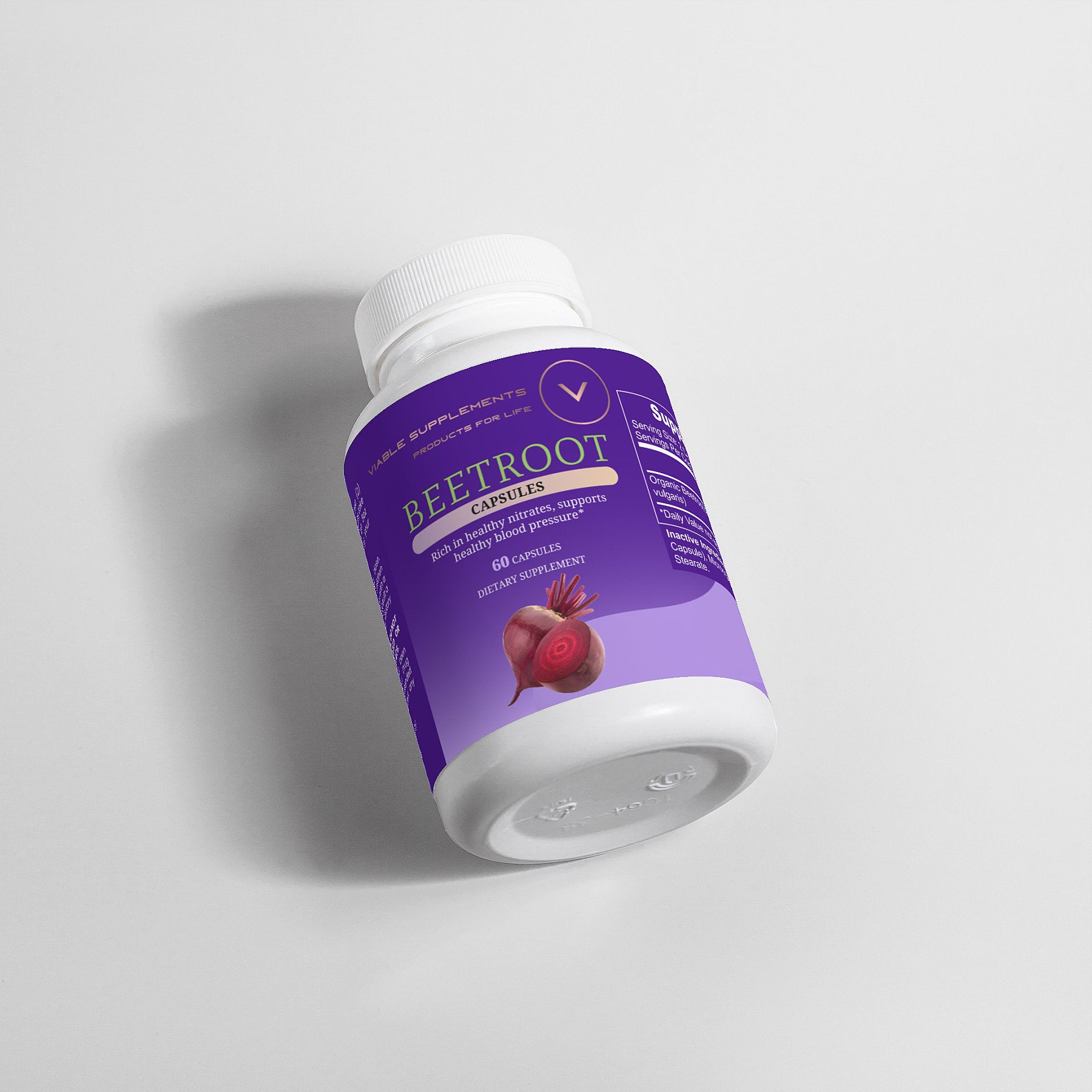 Angled view of ViableSupps Beetroot Capsules promoting heart health and blood pressure support.