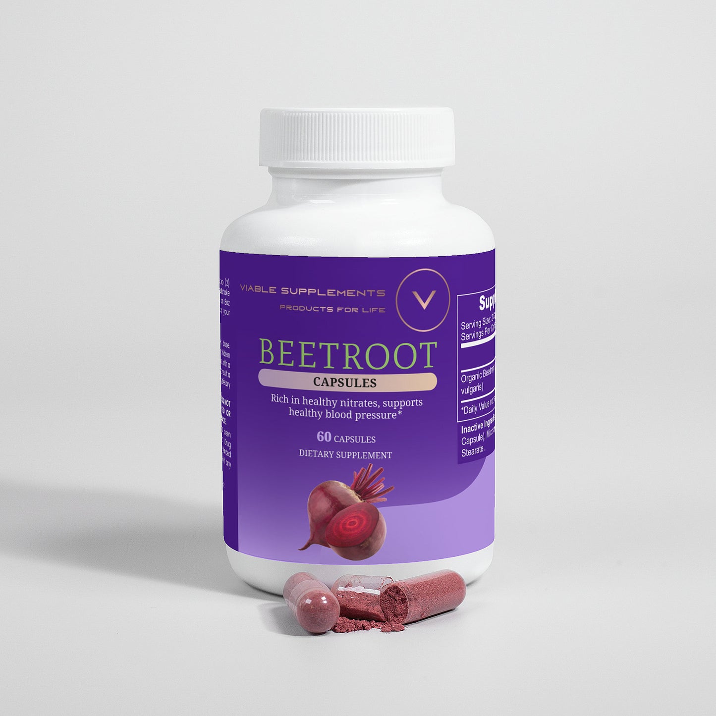 ViableSupps Beetroot Capsules bottle with an open capsule revealing beetroot powder contents.