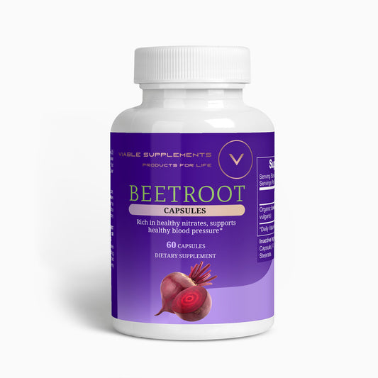 ViableSupps Beetroot Capsules bottle upright, labeled to support healthy nitrates and cardiovascular wellness.