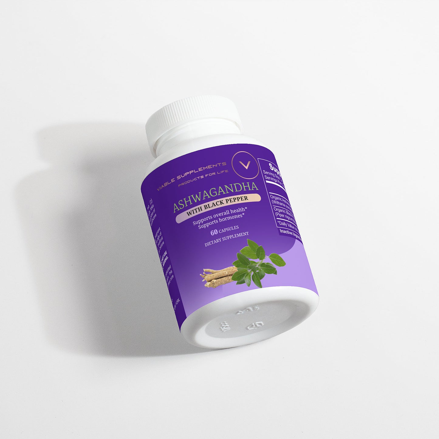 Viablesupps Ashwagandha with Black Pepper supplement bottle, tilted on a white surface, featuring product details and branding.