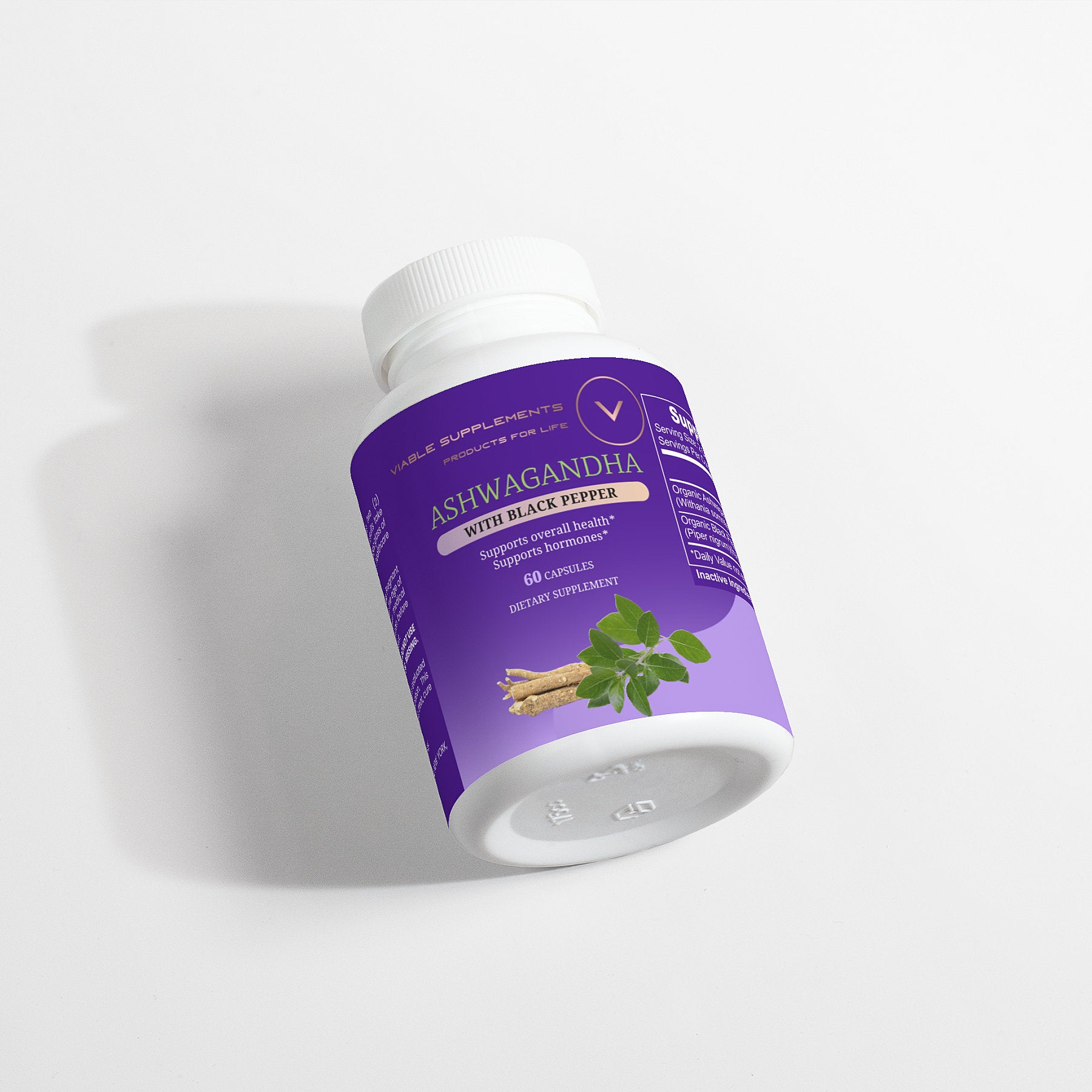 Viablesupps Ashwagandha with Black Pepper supplement bottle, tilted on a white surface, featuring product details and branding.