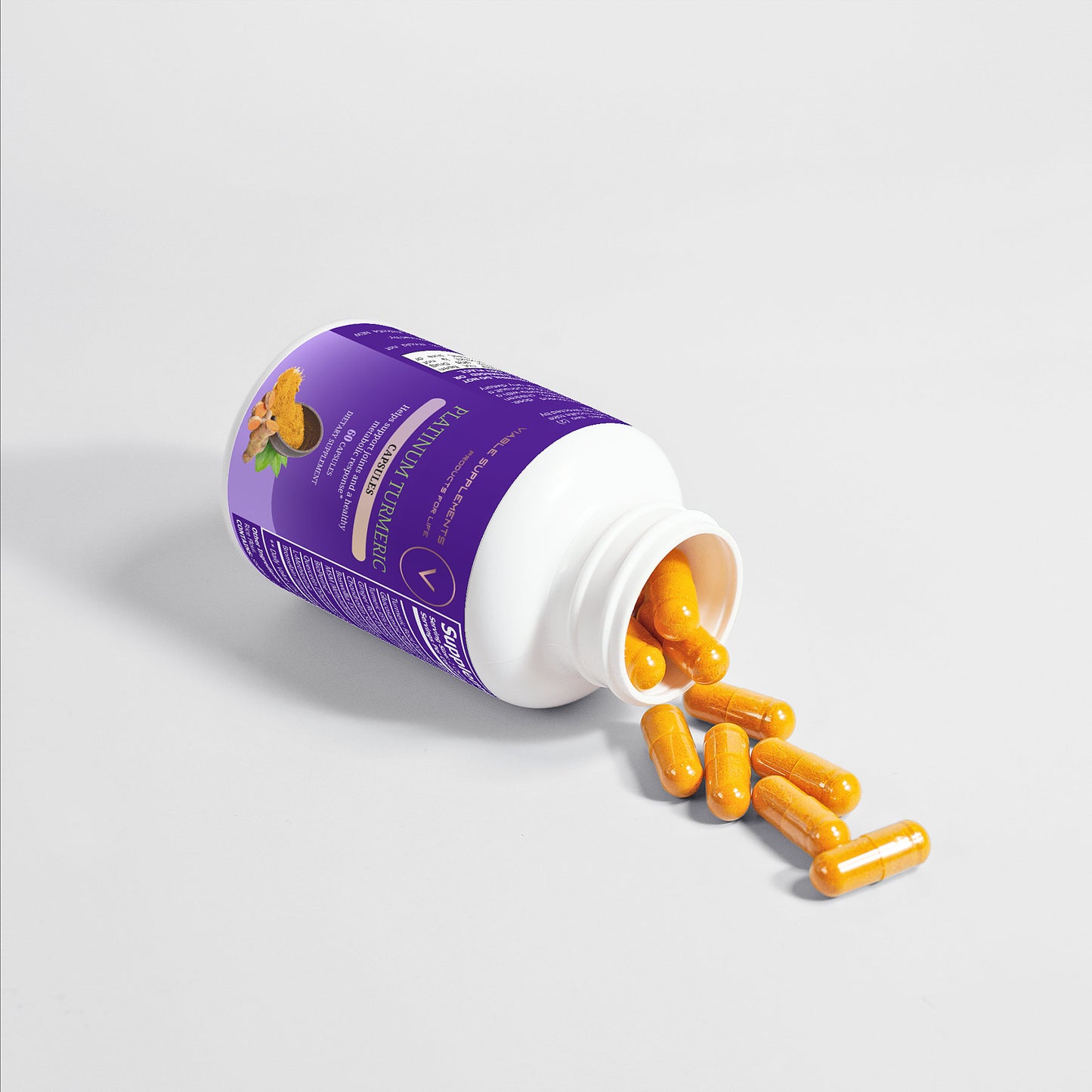 ViableSupps Platinum Turmeric supplement bottle with bright yellow capsules spilling out, promoting joint support and healthy metabolism.