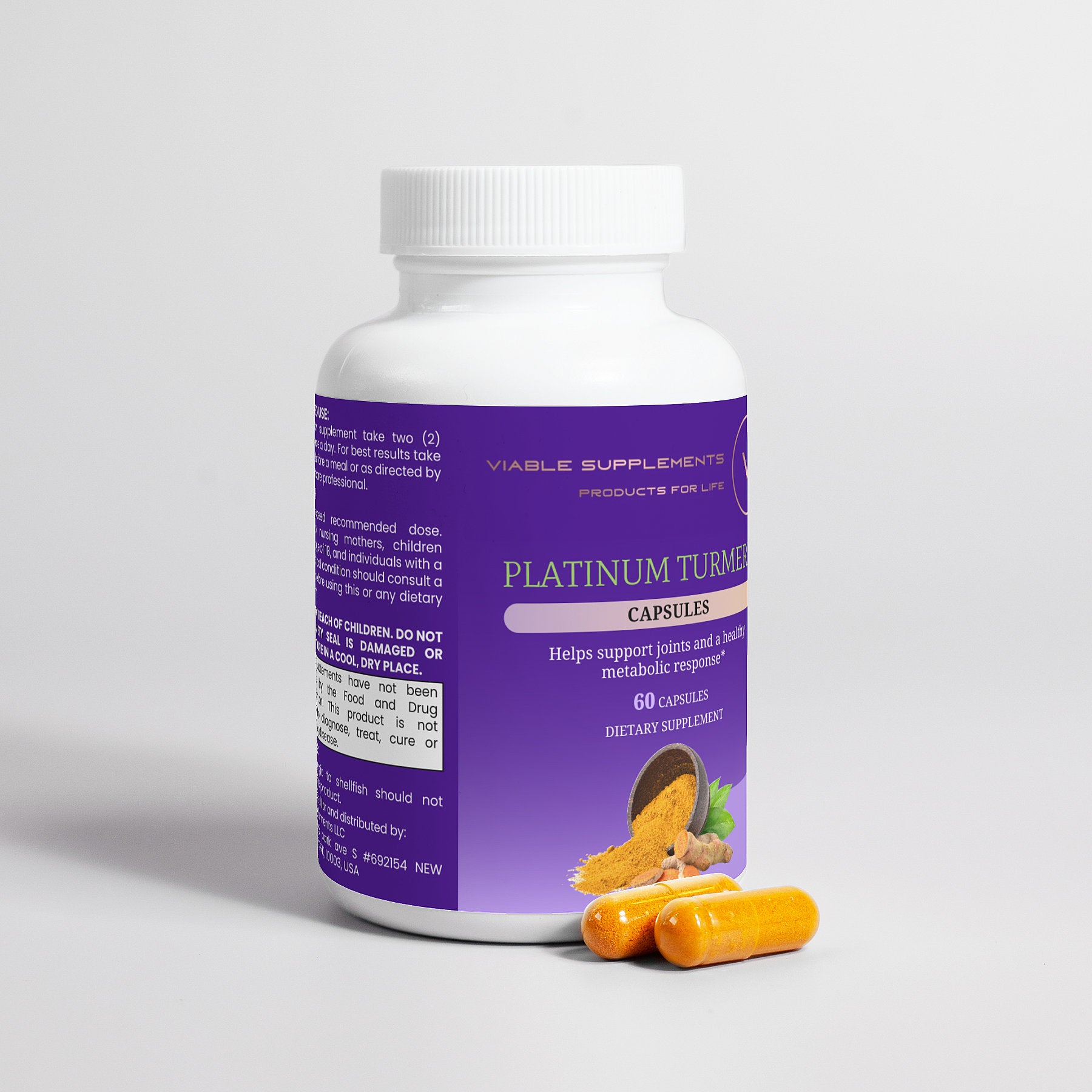 ViableSupps Platinum Turmeric supplement bottle with two yellow capsules, promoting joint health and metabolic support.