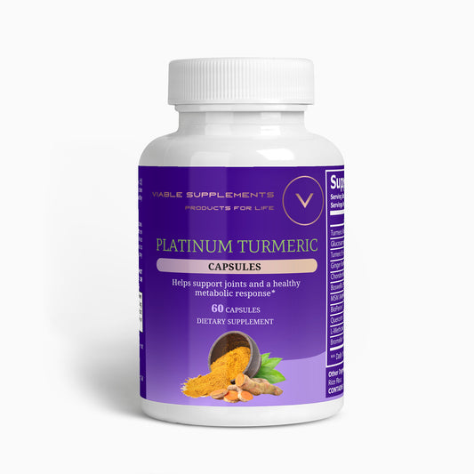 ViableSupps Platinum Turmeric dietary supplement, containing 60 capsules with turmeric root, ginger, and MSM for joint support.