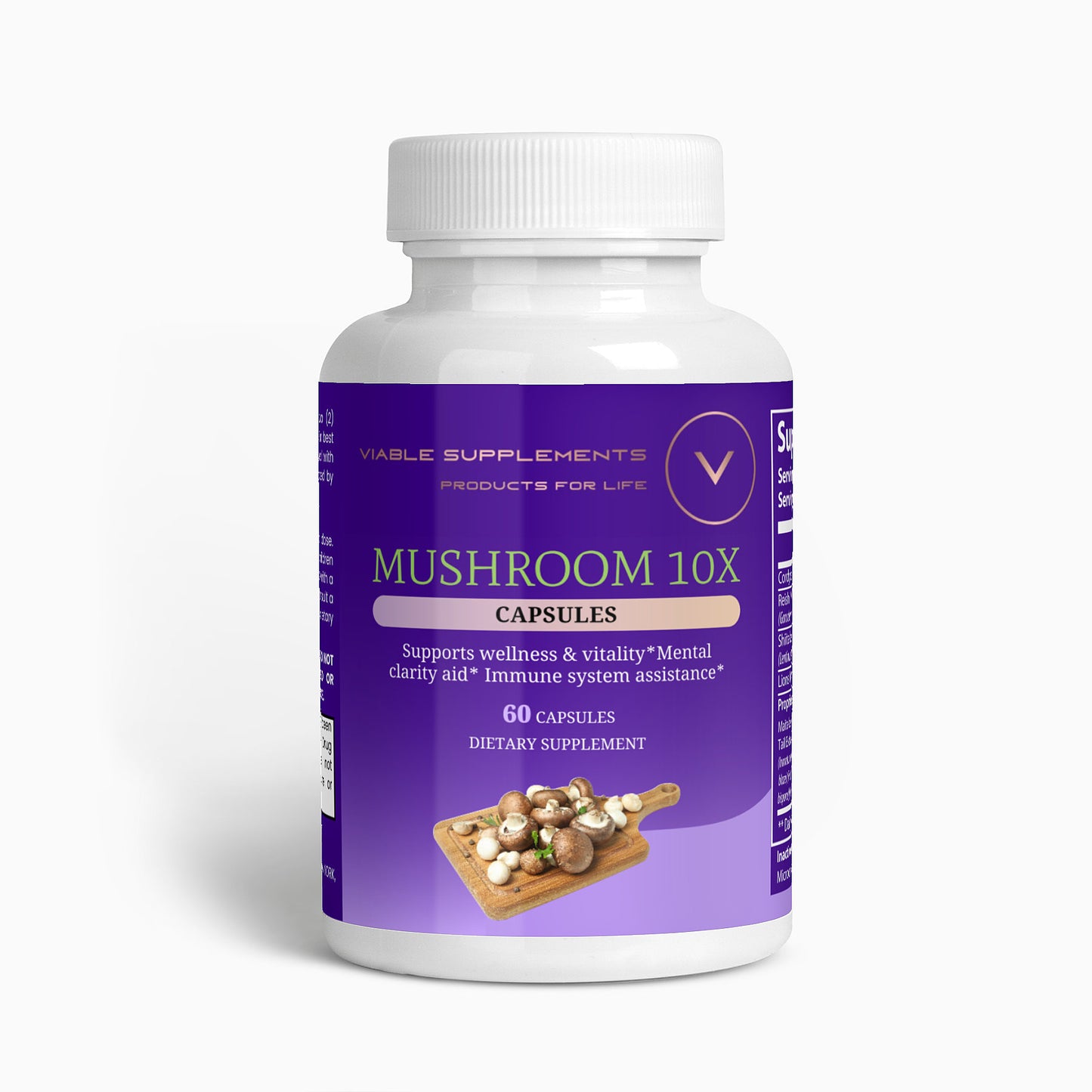 ViableSupps Mushroom 10X supplement bottle with vibrant label, supporting mental clarity, immune system assistance, and wellness.