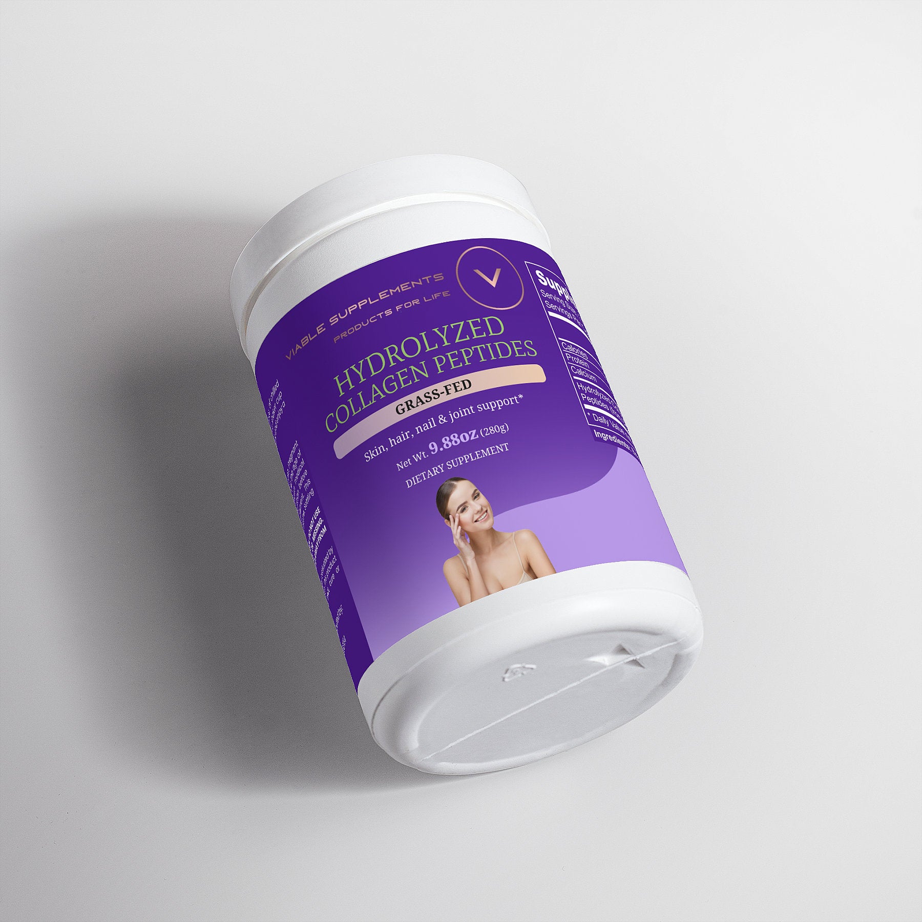 Viablesupps hydrolyzed collagen peptides jar offering grass-fed bovine-sourced peptides for beauty and joint health support.