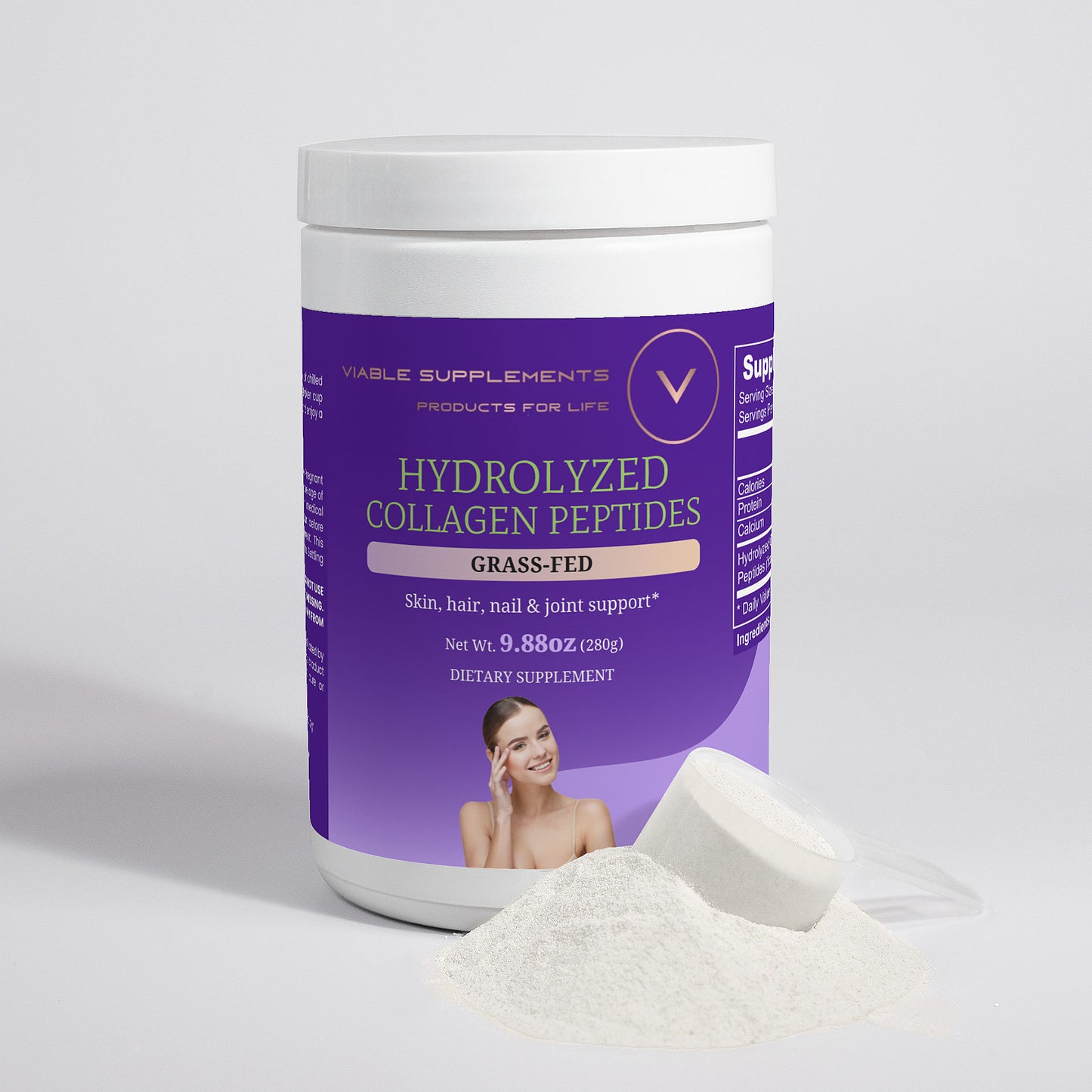 Viablesupps hydrolyzed collagen peptides jar with scoop showing fine white powder for hair, skin, and joint nutrition.