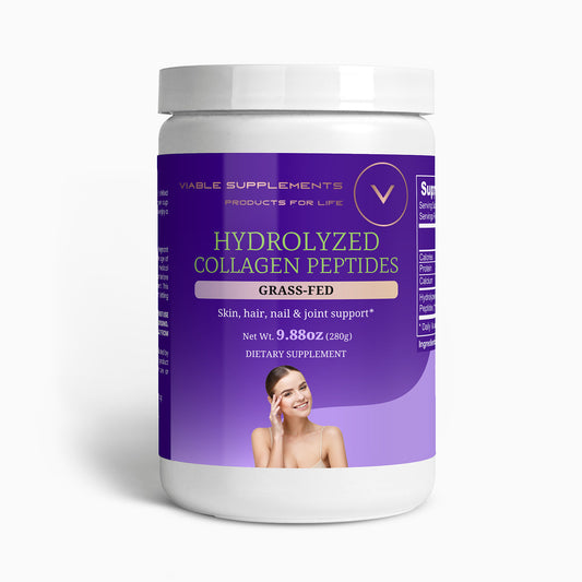 Viablesupps hydrolyzed collagen peptides supplement jar front view for healthy hair, skin, and joint support with 9.88 oz content.