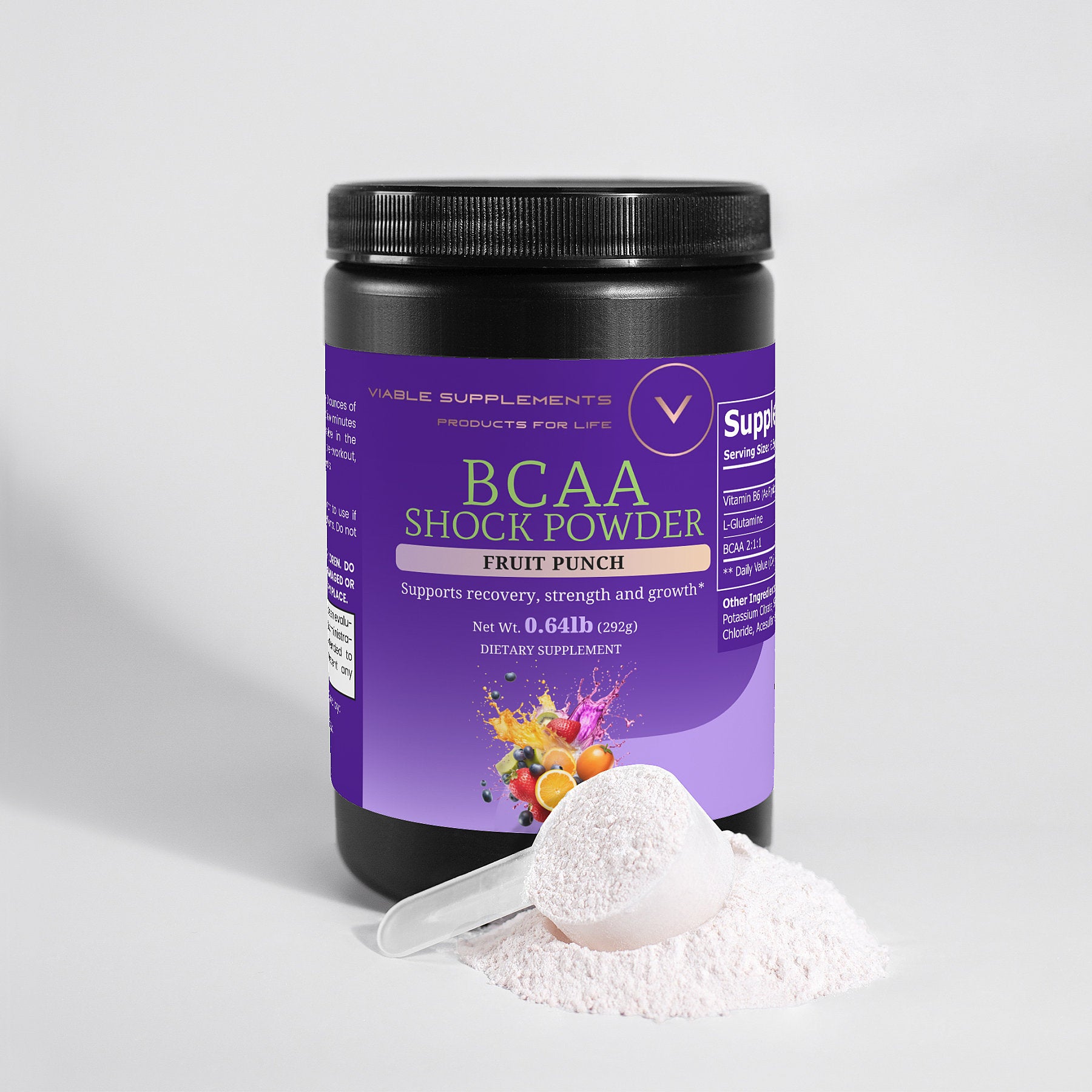 ViableSupps BCAA Shock Powder jar displayed with a scoop full of powder, showcasing the fruit punch flavor for athletic recovery and muscle support.