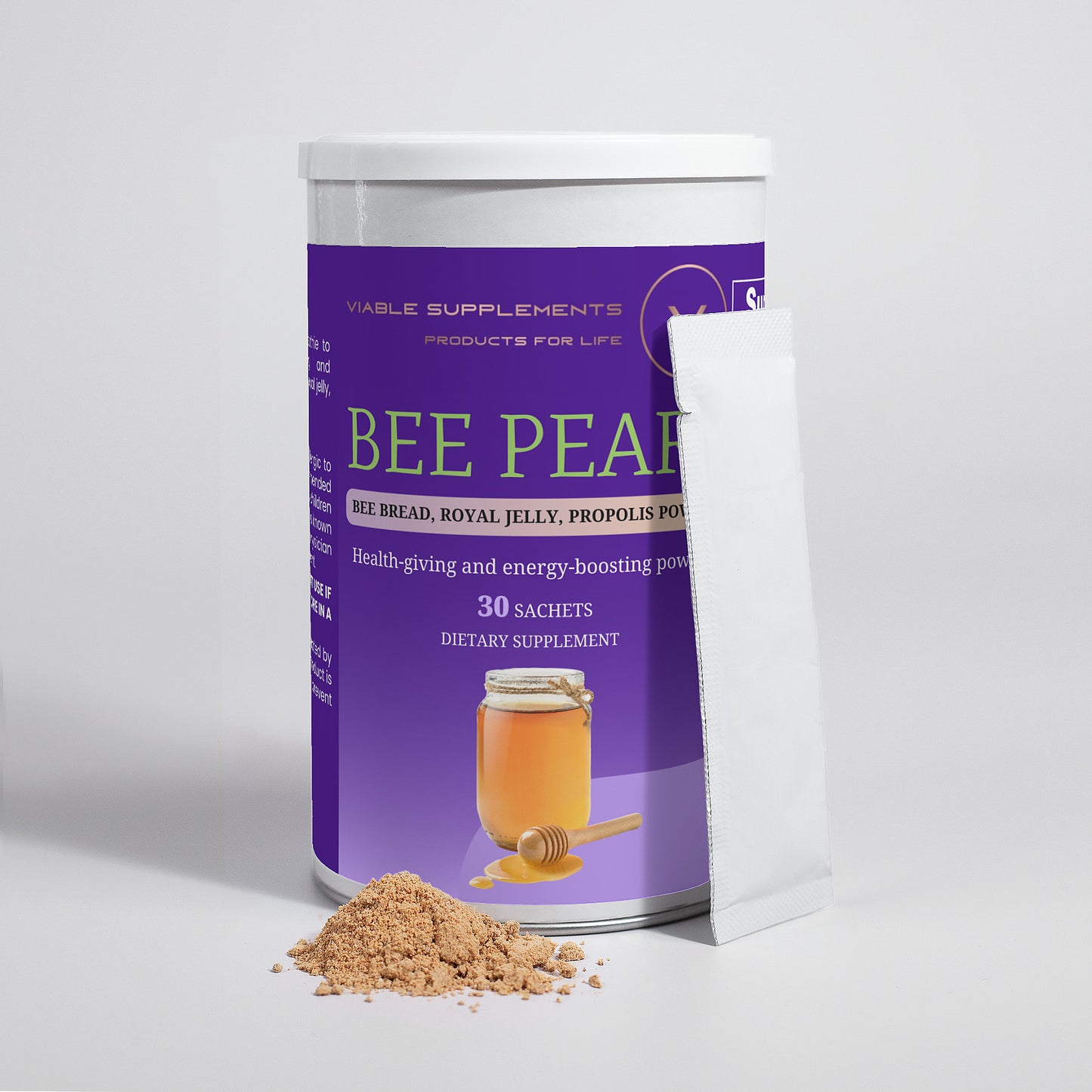 Viablesupps Bee Pearl jar, featuring royal jelly, bee bread, and propolis extract with 30 sachets.