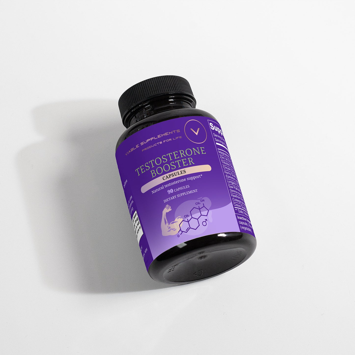 ViableSupps Testosterone Booster supplement bottle tilted sideways, highlighting natural testosterone support with essential ingredients.