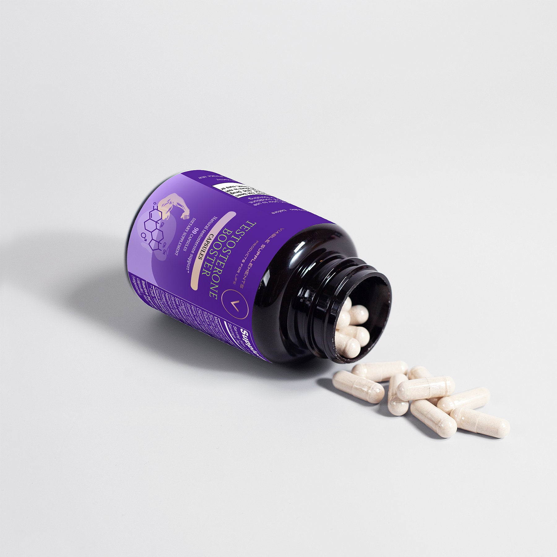 ViableSupps Testosterone Booster bottle with capsules spilling out, promoting natural testosterone support.