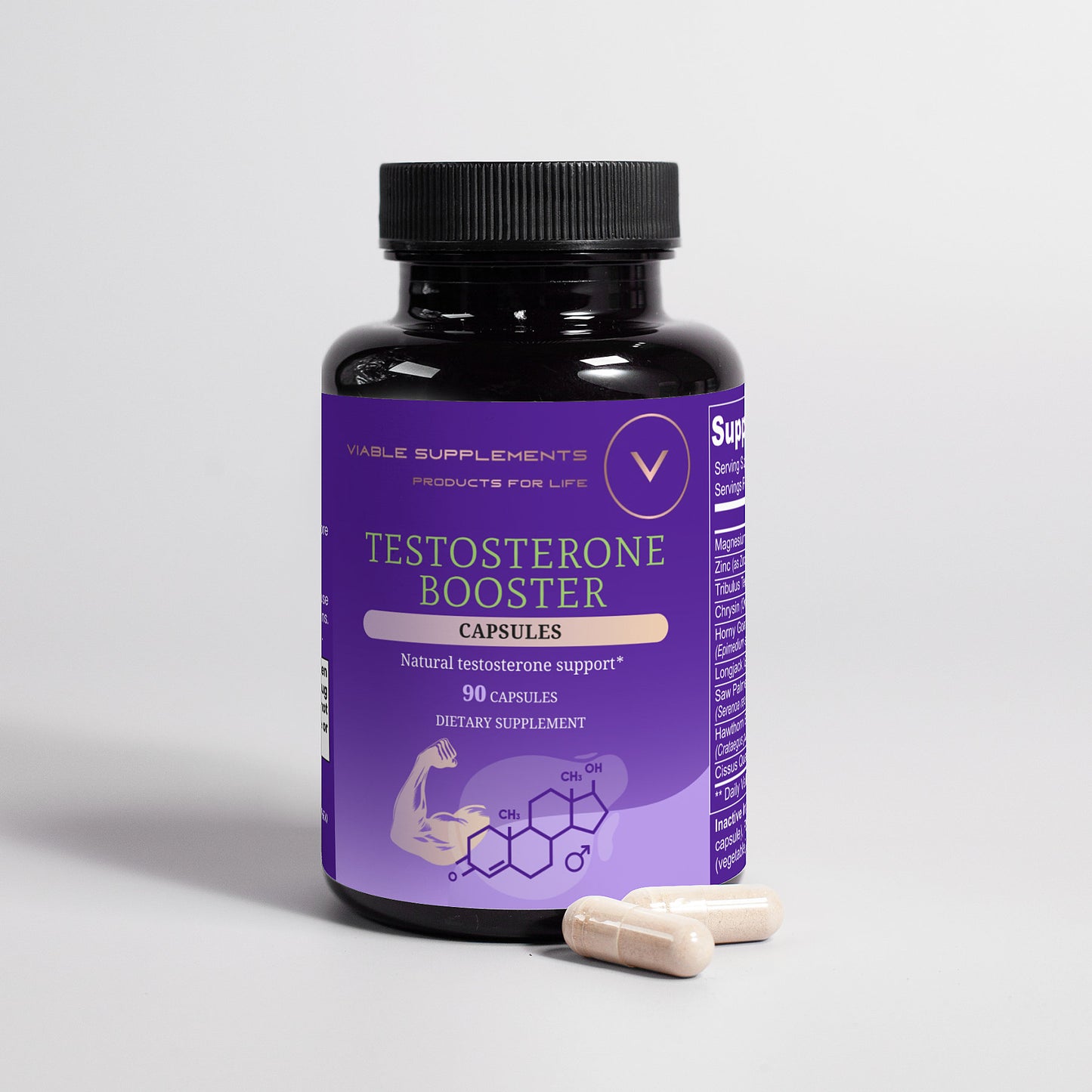 ViableSupps Testosterone Booster bottle with two capsules, providing natural support for testosterone levels.