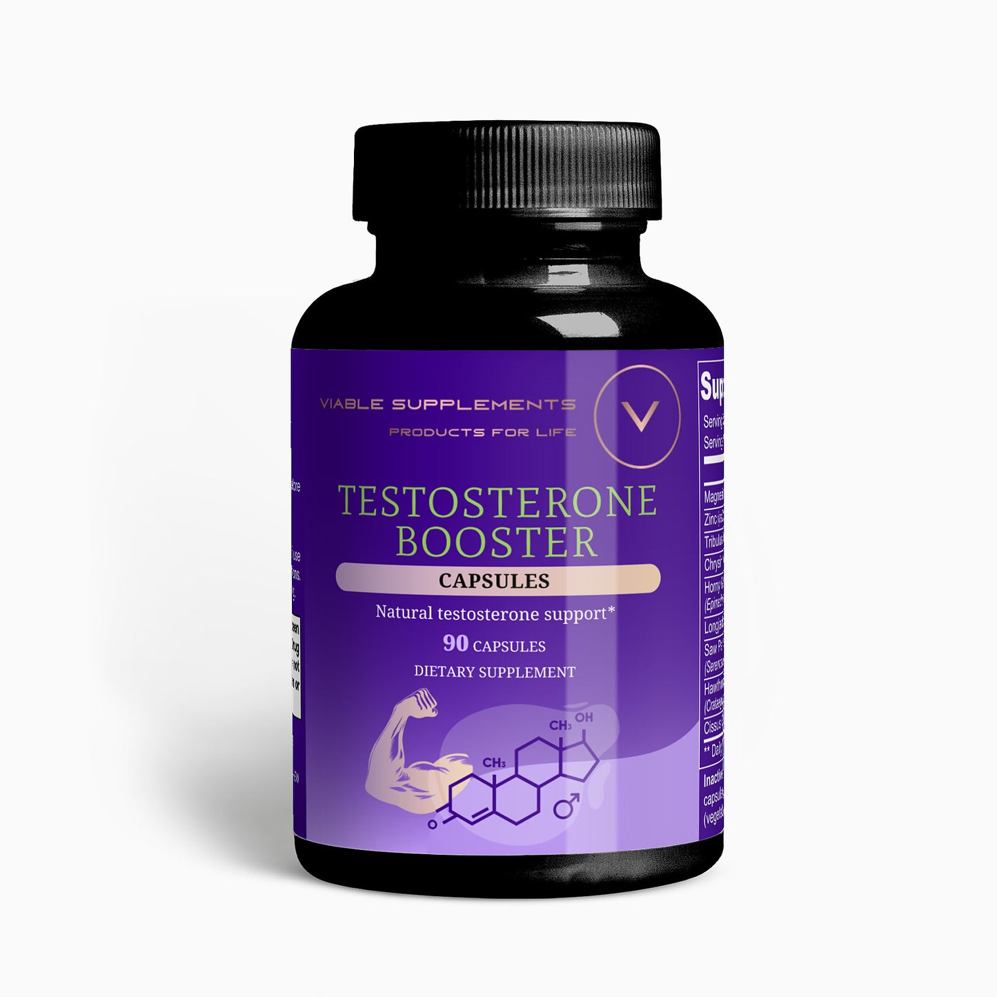 ViableSupps Testosterone Booster supplement bottle promoting enhanced testosterone support with 90 capsules.