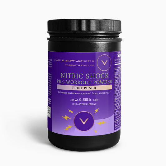 Front view of Nitric Shock Pre-Workout Powder by ViableSupps, promoting enhanced performance and energy in fruit punch flavor