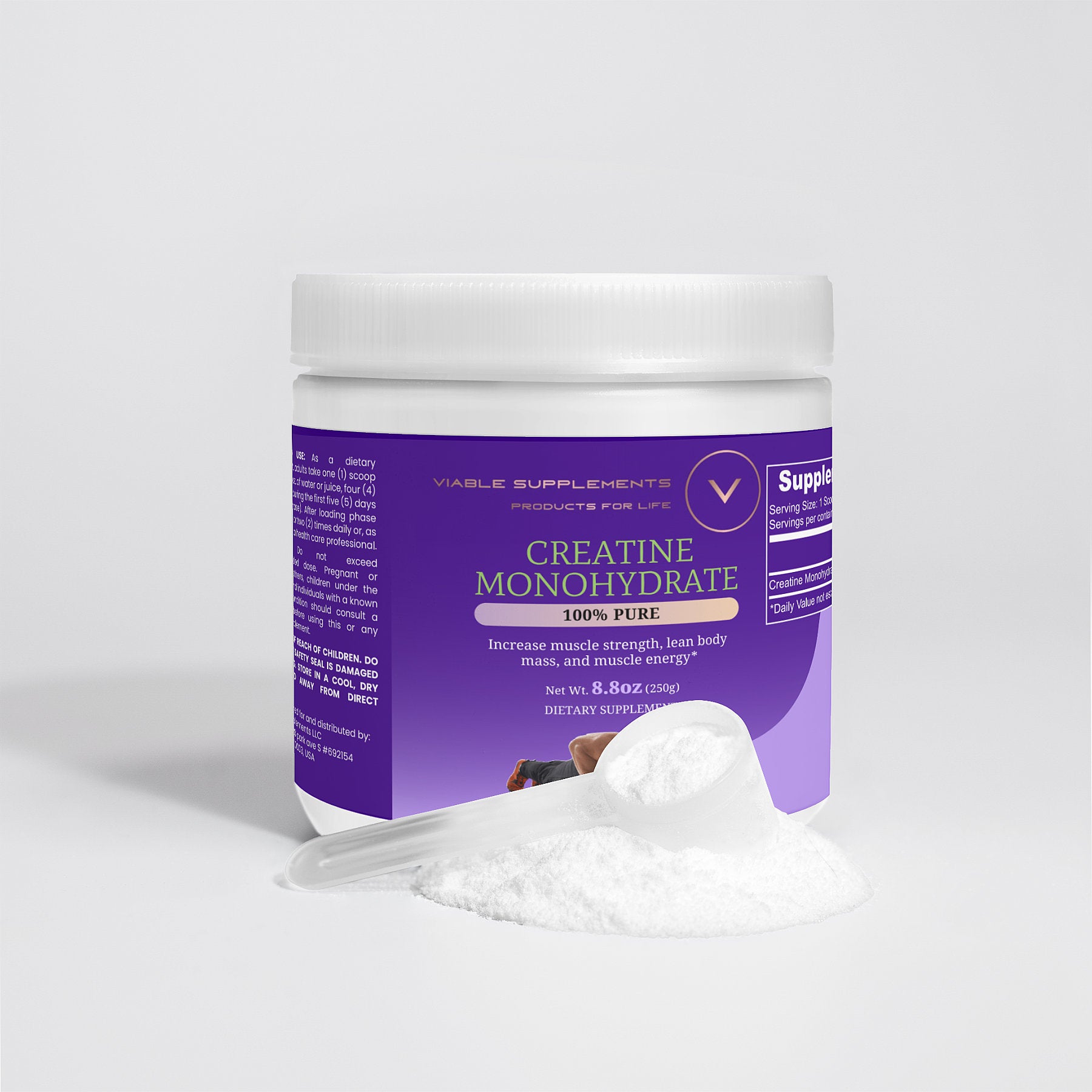 ViableSupps Creatine Monohydrate jar with an open scoop of creatine powder, promoting muscle mass and workout performance.