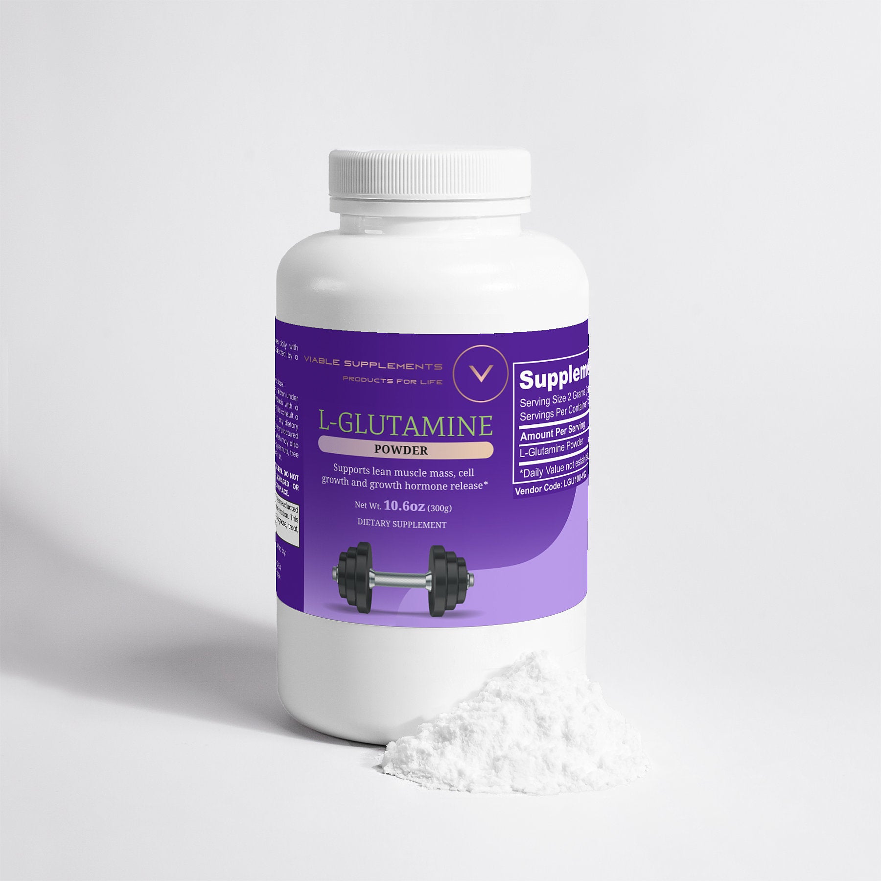 ViableSupps L-Glutamine bottle with powder, promoting clean ingredients for lean muscle support.