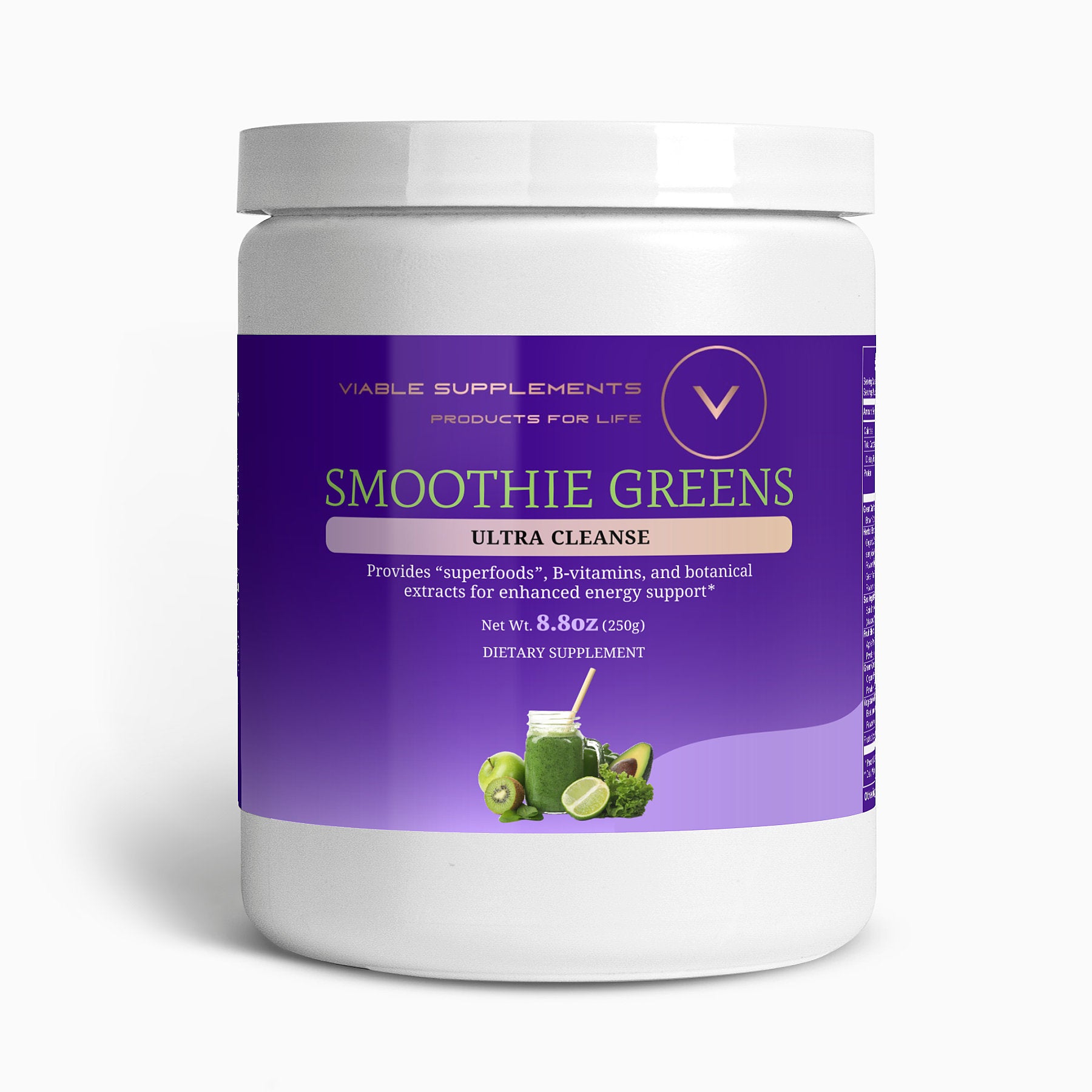 ViableSupps Smoothie Greens Ultra Cleanse container, a dietary supplement promoting superfood nutrition with vitamins and botanical blends.