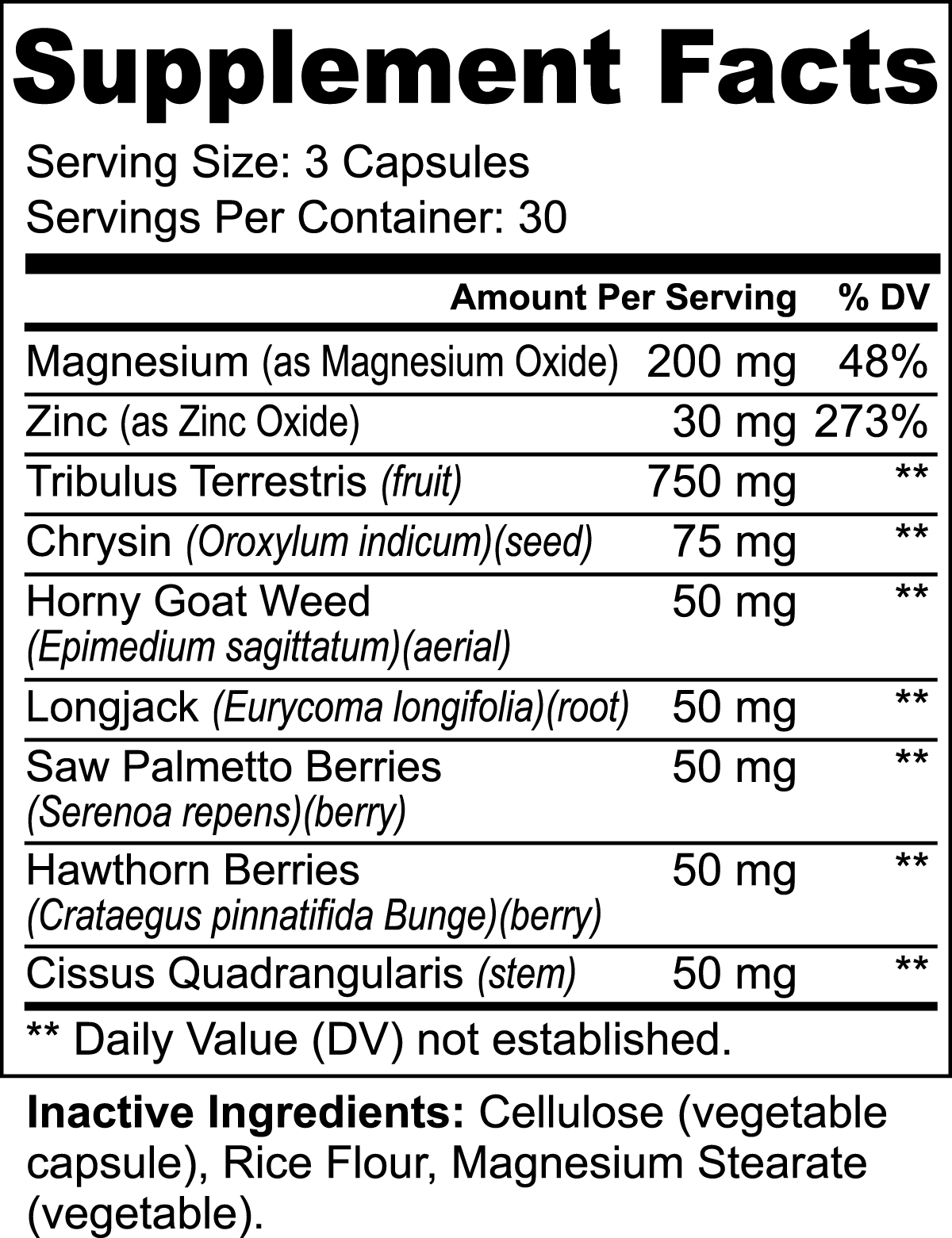 Supplement facts panel for ViableSupps Testosterone Booster, listing key ingredients like magnesium, zinc, tribulus terrestris, and more.