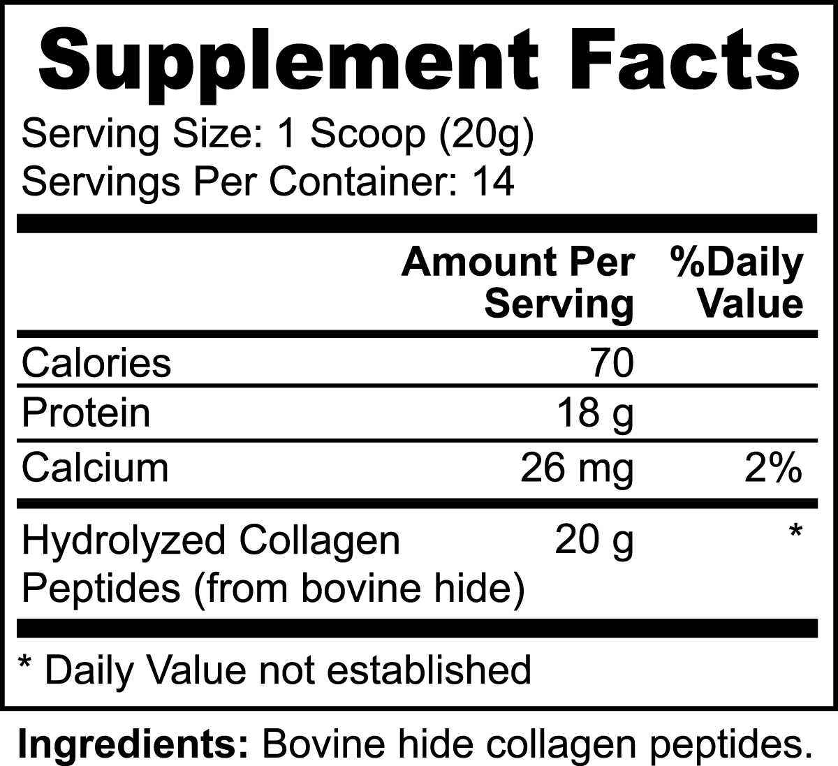 Viablesupps hydrolyzed collagen peptides supplement facts detailing 18g protein and 70 calories per serving for skin, hair, and joint support.