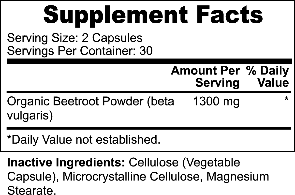 ViableSupps Beetroot Capsule Supplement Facts showing organic beetroot powder dosage per serving.