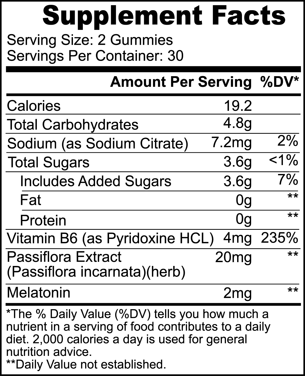 Supplement facts panel for ViableSupps Sleep Well Gummies, showing ingredients like melatonin, passiflora extract, and vitamin B6.