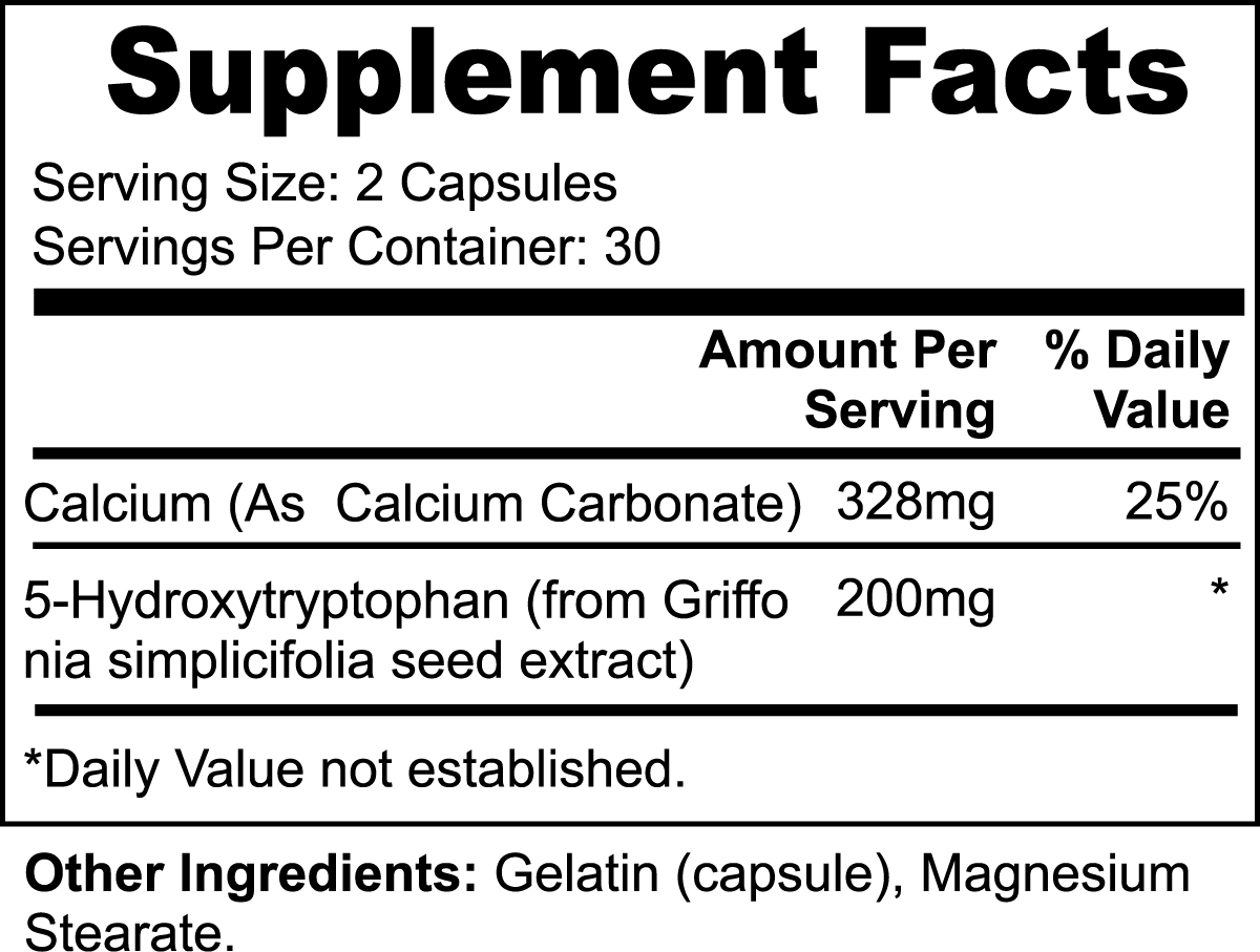 Viablesupps supplement facts panel showing detailed nutritional information for 5-HTP capsules, including calcium carbonate and 5-hydroxytryptophan extract.