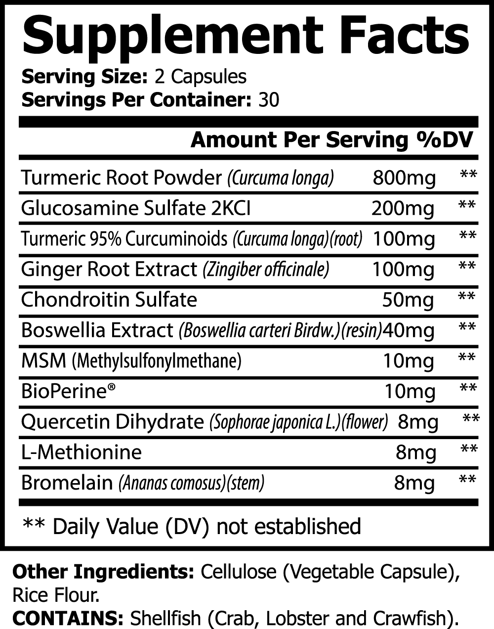 Supplement facts panel for ViableSupps Platinum Turmeric, listing ingredients like turmeric root powder, glucosamine sulfate, ginger extract, and MSM.