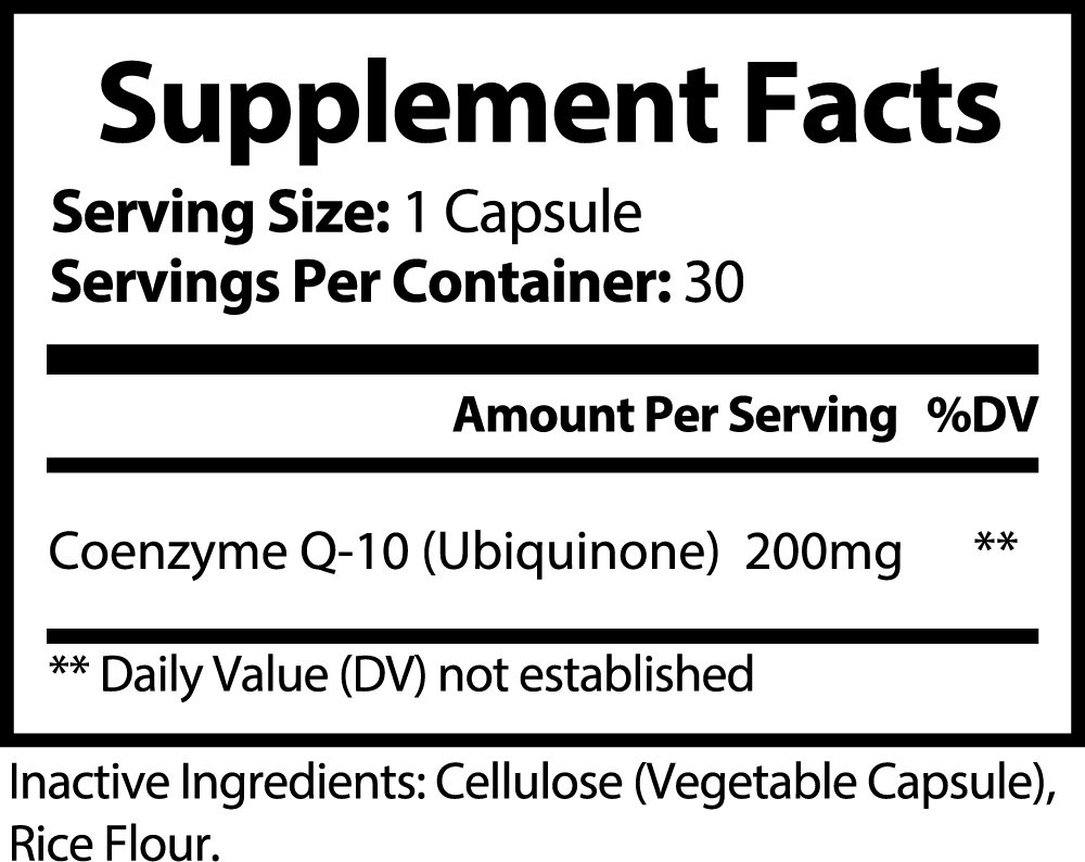 ViableSupps CoQ10 supplement facts label showing 200mg per serving with vegetable capsule and rice flour ingredients.