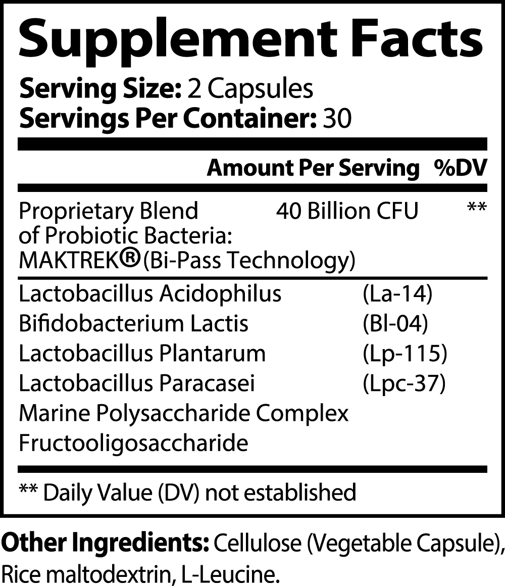 Supplement facts panel for ViableSupps Probiotic 40 Billion with Prebiotics, listing probiotic strains and prebiotics with MAKTREK® technology.