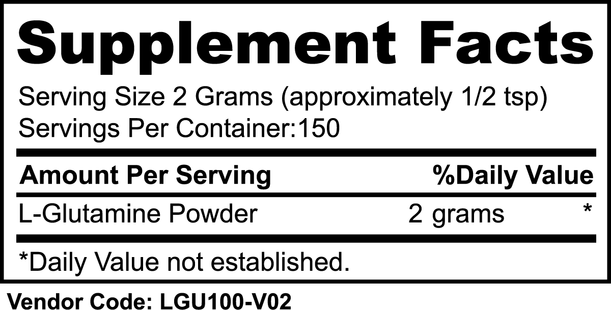 ViableSupps L-Glutamine supplement facts label showing serving size, daily value, and ingredient breakdown.