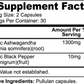 Supplement facts label for Viablesupps Ashwagandha capsules, displaying ingredients such as organic Ashwagandha root and black pepper extract.