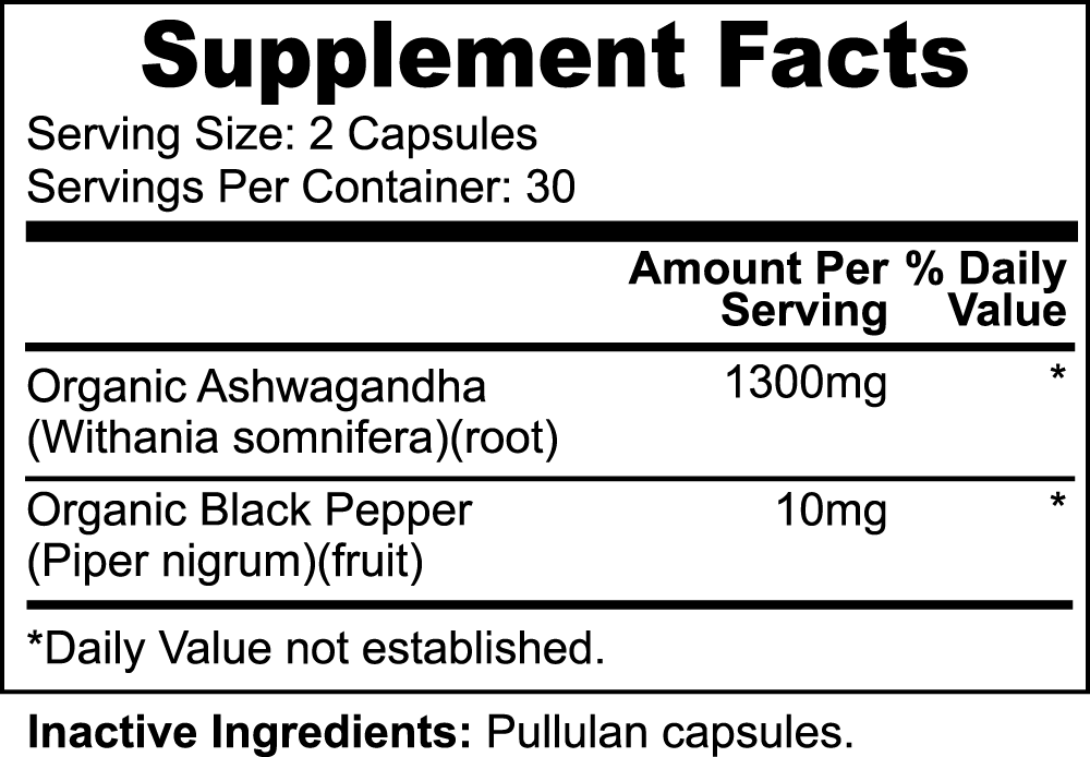 Supplement facts label for Viablesupps Ashwagandha capsules, displaying ingredients such as organic Ashwagandha root and black pepper extract.