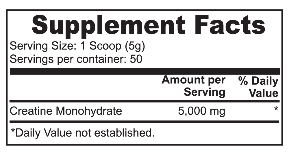 Supplement facts label for ViableSupps Creatine Monohydrate, highlighting serving size and 5,000 mg of pure creatine per scoop.